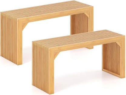 GOFLAME 36” Bamboo Dining Bench Set of 2, Farmhouse Entryway Bench with Slatted Seat, End of Bed Bench, Outdoor Bench for Kitchen, Bedroom, Living Room, Hallway, 660 LBS Max Load