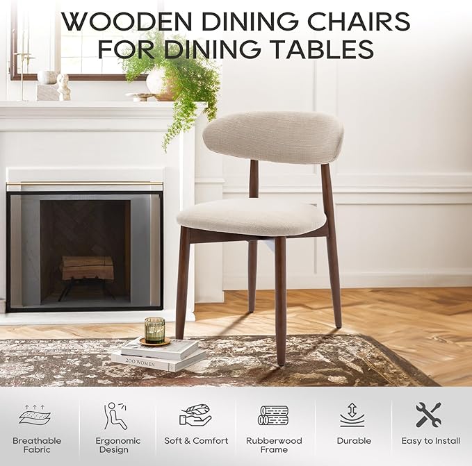 COLAMY Wooden Dining Chairs Set of 4, Modern Fabric Upholstered Kitchen Side Chairs, Farmhouse Dining Room Chairs with Foot Pegs, Beige