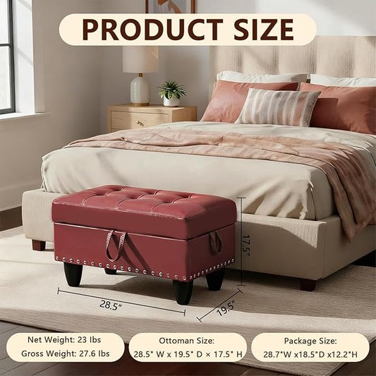 Faux Leather Storage Ottoman with Nailhead Trim, 28.5"X19.5"X17.5" Footrest Stool, Hidden Storage Foot Stool for Living Room, Bedroom Furniture, Red