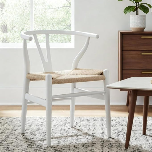Tomile Wishbone Chairs Set of 2, Modern White Dining Chair with Arms, Solid Ash Wood Frame with Woven Seat, Mid-Century Y-Back Design for Kitchen & Dining Room Chairs Set (Ash Wood - White)