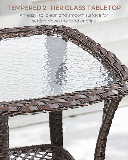3 Piece Patio Brown Wicker Chairs with Side Table - Outdoor High Back Heavy Duty All-Weather Lawn Dining Rattan Chair Conversation Bistro Set for Deck Porch Balcony Backyard Garden - Navy Blue