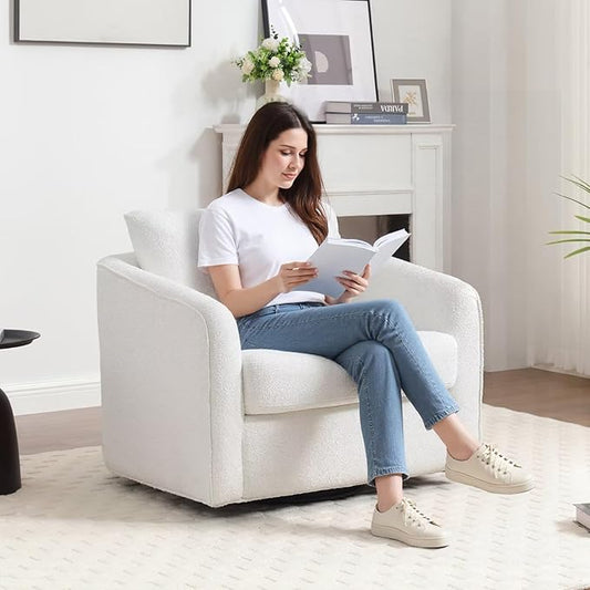 MINCETA Oversized Accent Chair for Living Room, 360° Swivel Barrel Chair with High Density Foam, Modern Glider Chair with Performance Fabric Upholstered Armchair for Apartment, Bedroom White
