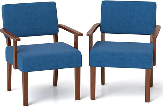 KOMFOTT Upholstered Accent Chairs Set of 2, Mid-Century Modern Armchair with Rubber Wood Frame, Linen Living Room Chairs with Padded Seat & Backrest, Reading Chair for Bedroom, Waiting Room, Blue