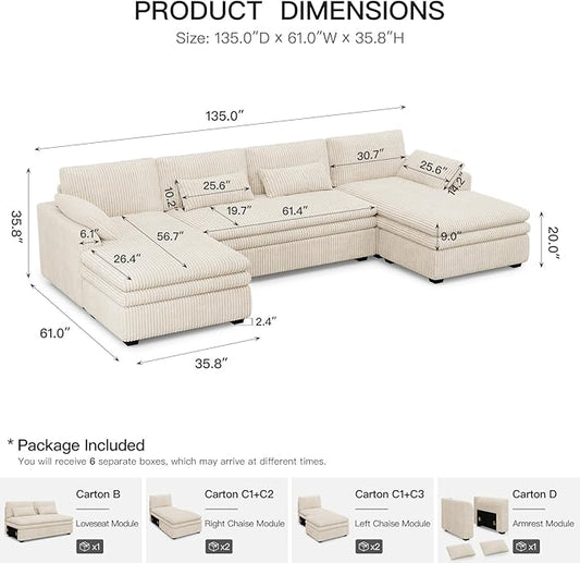 Belffin Large Modular Sectional Sofa with Double Deep Chaise, 135" Corduroy U Shaped Sectional Couch with 9" Soft Dual-Layer 6 Seats U Shaped Couch for Living Room, Apartment, Beige