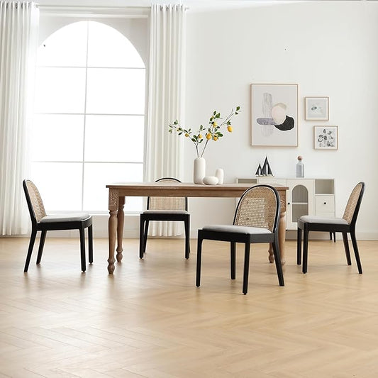 Rattan Dining Chairs Set of 6, Modern Dining Room Chairs with Cane Back Comfy Accent Kitchen Chair Upholstered Linen Fabric Chair for Restaurant/Living Room, Grey
