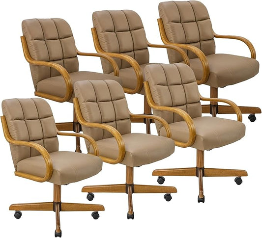 Chromcraft Douglas Set of 6 Classic Caster Swivel Tilt Dining Chairs Swivel Tilt Dining Chairs, Kitchen Chairs (Taupe-Chestnut)