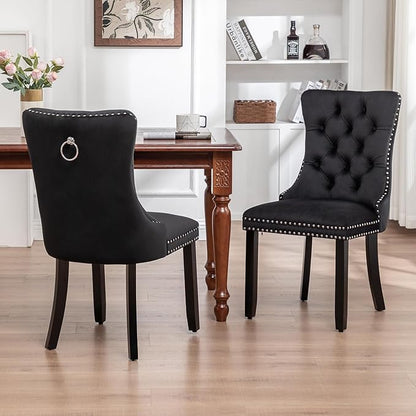 Velvet Dining Chairs Set of 2, Tufted Dining Room Chairs with Nailhead Ring Pull Trim, Upholstered Dining Chairs with Solid Wood Legs for Kitchen Dining Room (Black)