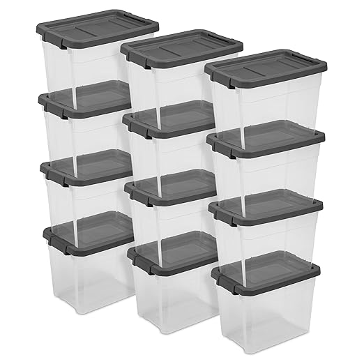 Sterilite 12-Pack Modular Stacker Box, Durable Clear Plastic Storage Bins with Latching Lids, 30 Quart - Stackable Organizing Container Boxes for Closet, Bathroom, and Office