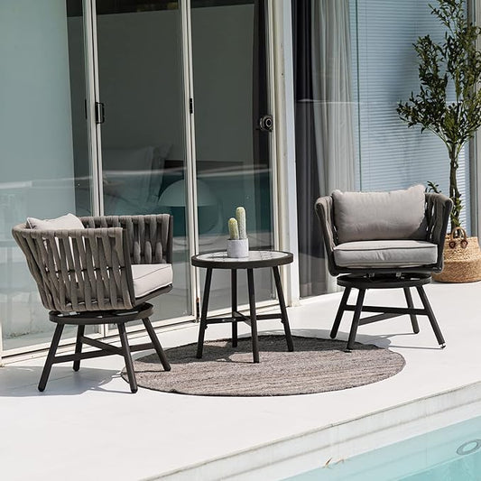 Grand patio Dining Chair Set of 3, Swivel Rope Armchairs with Cushions and Round Side Table with Tile Tabletop, Wicker, Indoor Outdoor Modern Style, Backyard, Balcony, Light Gray Brown