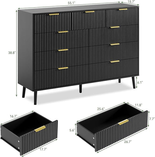 LYNSOM Fluted 9 Drawer Dresser for Bedroom, 55" Wide Modern Chest of Drawers with Curved Profile Design and Metal Handles, Wood Dresser TV Stand & Storage Organizer for Bedroom, Hallway, Black