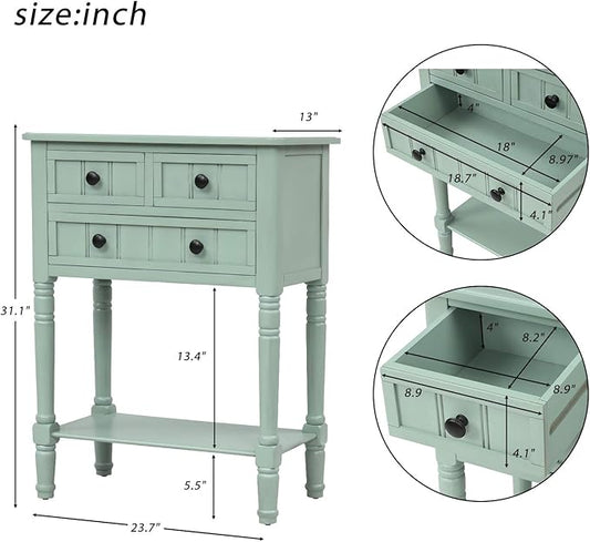 Knocbel Slim Antique Entry Console Table with Drawers & Bottom Open Shelf, Solid Wood Sofa Couch Table for Entryway Hallway Living Room (Mint Green)