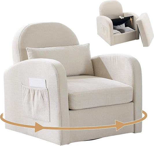 MELLCOM Oversized Swivel Accent Chair with Hidden Storage, Comfy Chenille Fabric Upholstered Leisure Armchair with Lumbar Pillow and Side Pocket for Living Room Bedroom Reception Room and Office