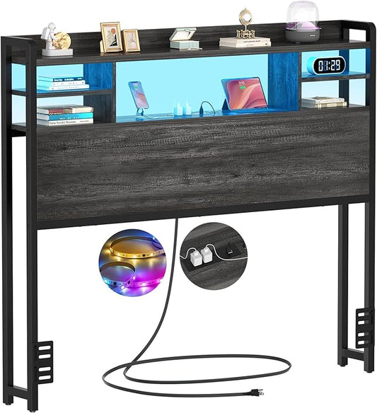 Aheaplus Headboard for Twin Size Bed with Storage, Headboards with LED Light, Power Outlets, USB Ports Twin Size Head Board, Wood headboard Only Sturdy and Stable Headboards, Modern, Black Oak