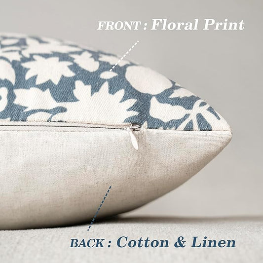 Foindtower Set of 2 Decorative Neutral Floral Throw Pillow Covers Accent Farmhouse Cushion Covers Boho Lumbar Pillowcase for Couch Sofa Bedroom Living Room Home Decor,12×20 Inch,Dusty Blue