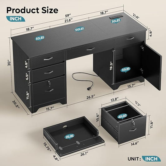 Bestier 59” Office Desk with Lockable Drawers, Modern Computer Desk with File Drawer, Charging Station & Drop-Front Keyboard Drawer, Executive Desk with Storage Cabinet for Home Office & Studio, Black