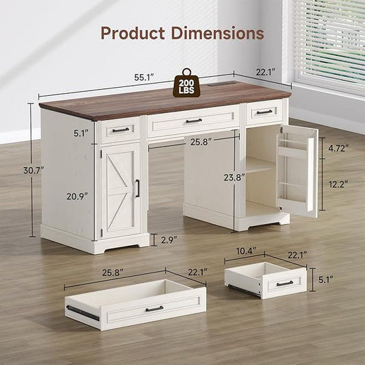 ONBRILL 55 inch Farmhouse Executive Desk with Drawers, Home Office Desk with File Cabinet, Outlets, Storage Cabinet, Keyboard Tray, Wood Computer Desk for Work Study Writing, Off White & Walnut