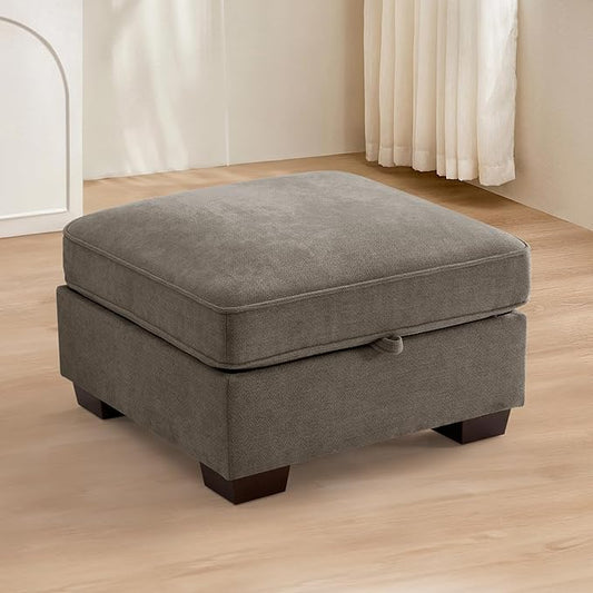 TEKAMON 27.5" Storage Ottoman, Square Footrest with Sponge Padded Seat, Chenille Fabric Step Stool for Sofa, Bedroom, Living Room, Entryway, Modern Change Shoes Stool, Wood Legs,(Brown)