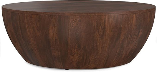 SIMPLIHOME Elmbrook Coffee Table - 34 inch Wide Solid Mango Wood Modern Industrial Round Drum Cocktail Table in Walnut Brown, Sculptural Living Room Table with Low Profile Design, Assembled