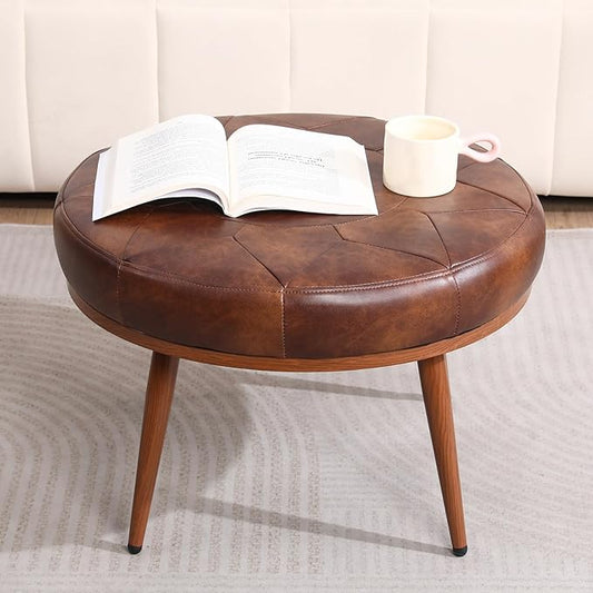 Round Ottoman Coffee Table, 24in Faux Leather Cushioned Footstool Ottoman,Stationary Ottomans, Backless Chair, Footrest for Living Room, Bedroom, Padded Seat, Brown