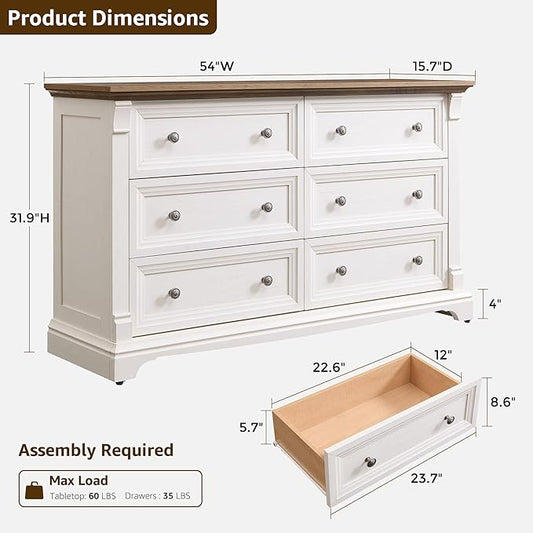 Farmhouse 6 Drawers Dresser for Bedroom, 54" Wide Large Dressers & Chests of Drawers w/Roman Column, Wooden Dresser TV Stand with Large Drawers for Nursery Bedroom Living Room Hallway, Antique White