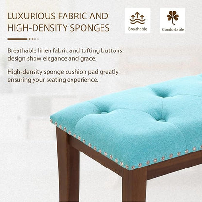 MFSTUDIO 44" Vintage Tufted Entryway Bench, Extra Large Memory Foam Upholstered Wood Ottoman Bench Dining Bench, Rectangle Tufted Fabric Bench for Living Room Hallway, Light Blue Cushion