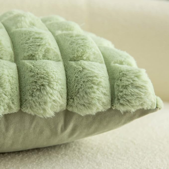 Neelvin Green Faux Fur Cozy Soft Plaid Decorative Throw Pillow Covers 12x20 inch Set of 2,Velvet Pillowcase Cushion Case for Sofa Couch
