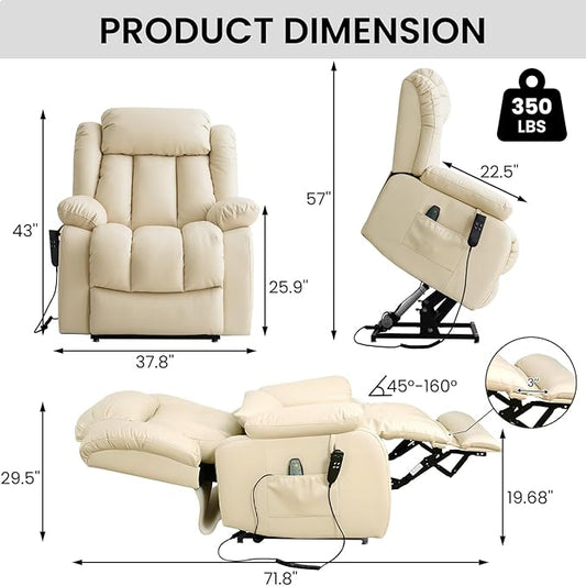 TEKAMON Power Lift Recliner Chair for Elderly with Heat & Massage, Dual Motor Breathable Leather Recliner, Lay Flat Sleeping Chairs with Infinite Position, RemoteControl(Beige, Extended)