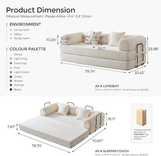 79" Convertible Sofa Bed with Fixed-Shape Frame & Removable Armrests, Modular Corduroy Sleeper Sofa, Folding Mattress Couch for Small Spaces - No Assembly Needed in Beige White (Includes 2 Pillows)