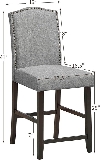 COSTWAY Bar Stools Set of 4, 25'' Upholstered Counter Height Bar Stools with S-Shaped Spring Thick Cushion, Rubber Wood Legs, High Back Leisure Chairs for Living, Kitchen, Dining Room (Grey, 4)