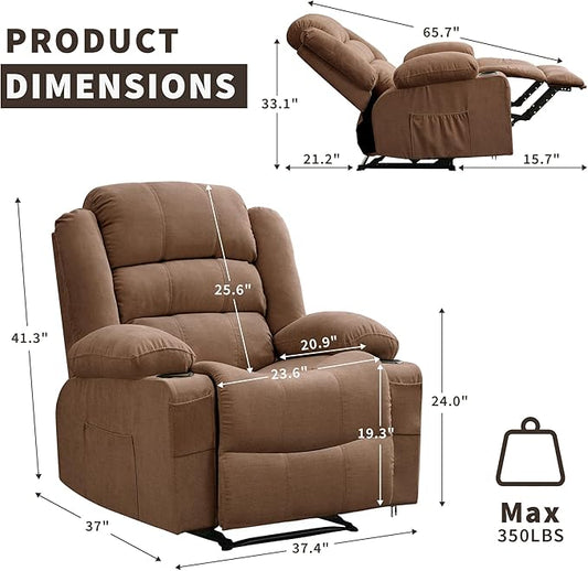 Large Recliner Chair for Adults Overstuffed Fabric Manual Pull Tab Recliner with Cup Holders, Side Pocket, 3-Position Recline, Minimalist Style Single Sofa Chair for Living Room Bedroom, Brown