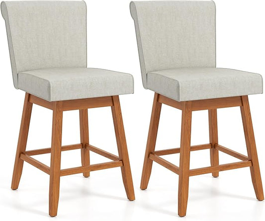 COSTWAY Swivel Bar Stools Set of 2, 27" Counter Height Bar Chairs with Rubber Wood Legs, Upholstered Linen Barstools with Back & Cushioned Seat, for Kitchen Island, Home, Beige (2,Beige)