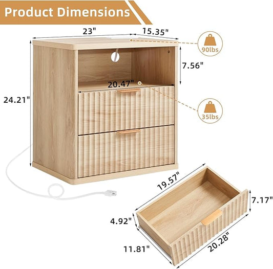LEYAOYAO Fluted Nightstand with Charging Station, 23" Modern Night Stand with Woodgrain Top, 2 Drawers End Table w/Storage, Bedside Tables for Bedroom, Living Room, Curved Profile Design,Wood