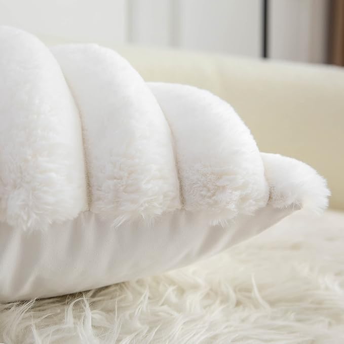 Neelvin Cream White Faux Fur Cozy Soft Striped Decorative Throw Pillow Covers 18x18 inch Set of 2,Velvet Pillowcase Cushion Case for Sofa Couch