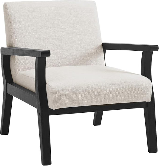 Mid Century Modern Accent Chair, Linen Upholstered Living Room Accent Armchair with Black Wood Frame, Farmhouse Chair Indoor Corner Chair for Living Room Bedroom, Beige