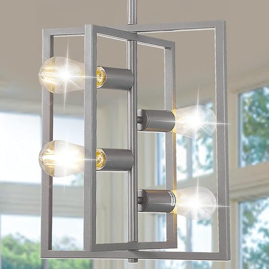Silver Chandelier Light Fixture Modern: 4-Light Farmhouse Kitchen Island Lighting, Rustic Industrial Dining Room Light Fixtures, for Living Room, Bedroom, Foyer, Entryway, Staircase