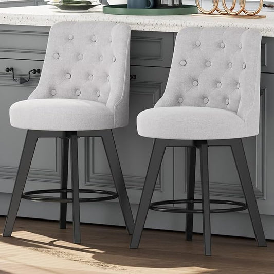 MINCETA Set of 2 Upholstered Bar Stools - 26 Inch Swivel Counter Height Stools with Low Tufted Back, Footrest & Performance Fabric - Round Seat for Kitchen Island & Home Bar Gray and Beige
