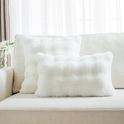 FUTEI Cream White Decorative Throw Pillow Covers 20x20 Inch Set of 2,Soft Fuzzy Faux Rabbit Fur Cushion Covers with Raised Texture,Neutral Boho Home Decor for Couch Bed Living Room