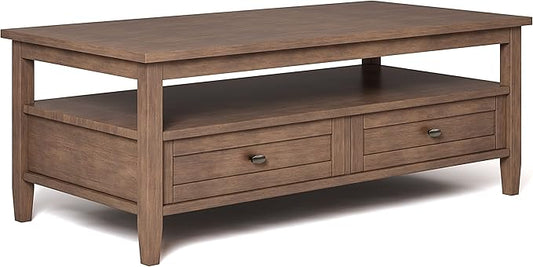 SIMPLIHOME Warm Shaker Coffee Table - 48 inch Wide Solid Wood Cocktail Table in Rustic Natural Aged Brown, Transitional Living Room Table with 2 Storage Drawers and Open Shelf for Sitting Area