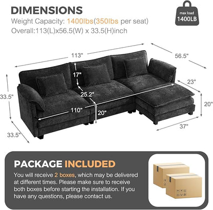ELUCHANG 113" Modular Sectional Sofa, Comfy Cloud Couch Deep Seat Sofa Couches for Living Room, Modern Sofa with Movable Ottoman and Throw Pillows, DIY Combination - Chenille Black
