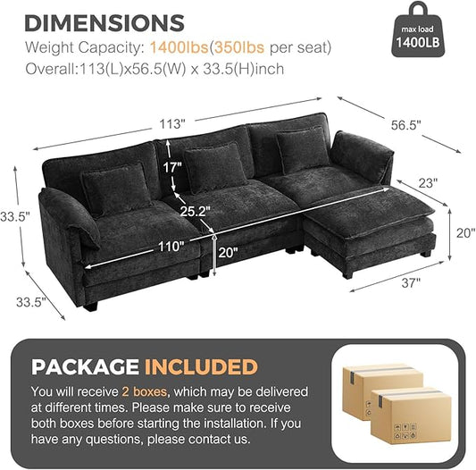 ELUCHANG 113" Modular Sectional Sofa, Comfy Cloud Couch Deep Seat Sofa Couches for Living Room, Modern Sofa with Movable Ottoman and Throw Pillows, DIY Combination - Chenille Black