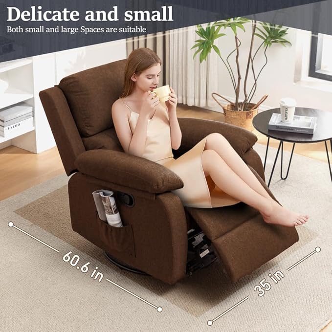Recliner Chair, 360 Swivel Rocker Chair for Adults, Small Rocking Recliner Chair for Small Spaces, Upholstered Fabric Glider Recliner Nursery Chair with Side Pockets for Nursery, Living Room