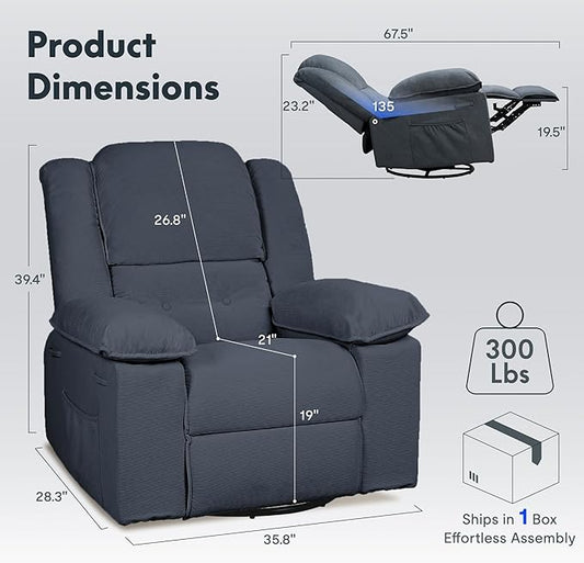 FLEXISPOT Massage Swivel Rocker Recliner Chair for Adults, Rocking Chair Nursery with Massage and Heat, USB Charging Port, 360° Swivel Recliner for Living Room Bedroom Nursery, Blue Gray (XRC2)