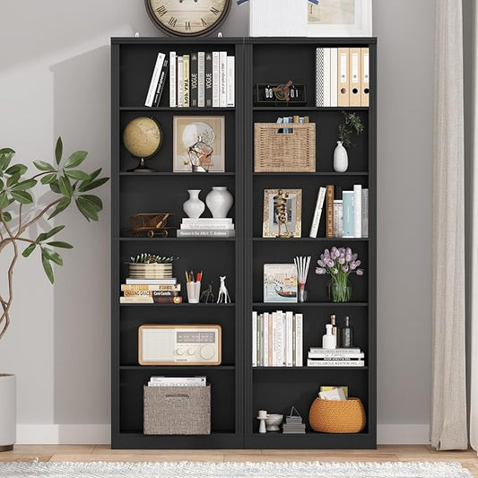 75" Tall Bookshelf & Bookcase Set of 2, 6-Tier Adjustable Storage Shelves, Book Shelf with Anti-Tipping Device, Floor Standing Modern Display Rack for Living Room, Bedroom, Office, Black