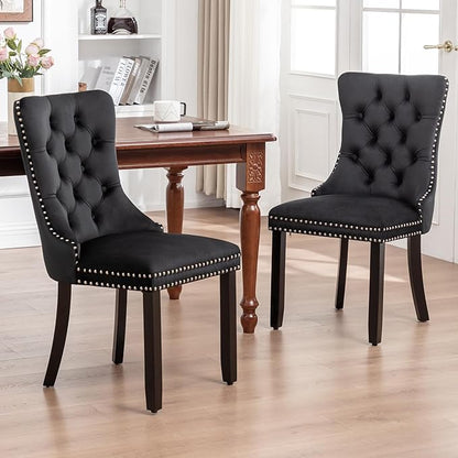 Velvet Dining Chairs Set of 4, Upholstered Dining Room Chairs with Nailhead Ring Pull Trim, Button Tufted Wing Back Chairs for Dining with Solid Wood Legs for Kitchen Dining Room(Black)