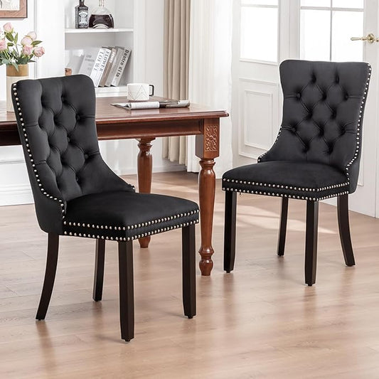 Velvet Dining Chairs Set of 4, Upholstered Dining Room Chairs with Nailhead Ring Pull Trim, Button Tufted Wing Back Chairs for Dining with Solid Wood Legs for Kitchen Dining Room(Black)