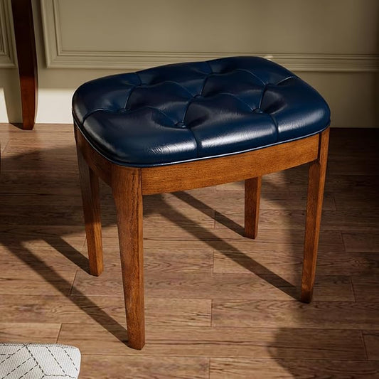 MODERION Vanity Bench Stool with Upholstered, Modern Luxury Wood Stool ,Ottoman Shoe Bench for Living Room, Vanity, Entryway, 19.3"L x 14.9"W x 19.3"H Easy Assembly, Beeswax Leg & Blue Seat FD-HNY-BL
