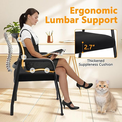 Office Guest Chairs No Wheels | Ergonomic Lumbar Support and Thicked Seats Cushion, Desk Chair with Adjustable Mesh Back for Waiting Room School Church Reception，Black