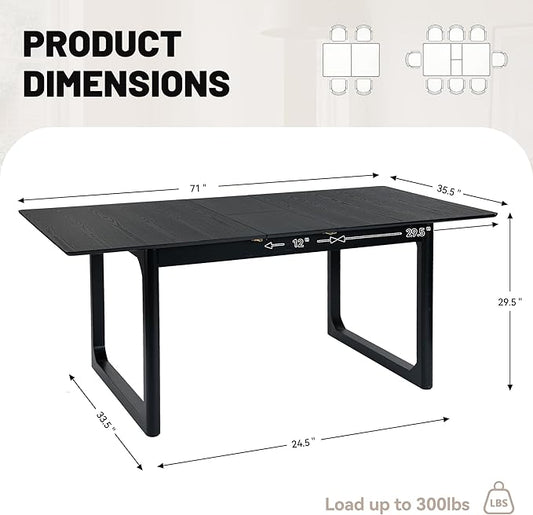 HNY Extendable Wood Dining Table for 4-8, 71" Inch Modern Rectangular Kitchen Tables with Wooden Base Farmhouse Dinner Table for Dining Room, Living Room, Home, Black