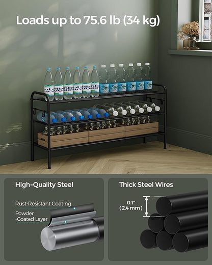 SONGMICS Shoe Rack, 3-Tier Shoe Organizer, Metal Shoe Shelf Storage with 4 Side Hooks, Holds 18 Pairs of Shoes, Height-Adjustable Shoe Rack for Entryway, Hallway, Closet, Easy Assembly, Ink Black