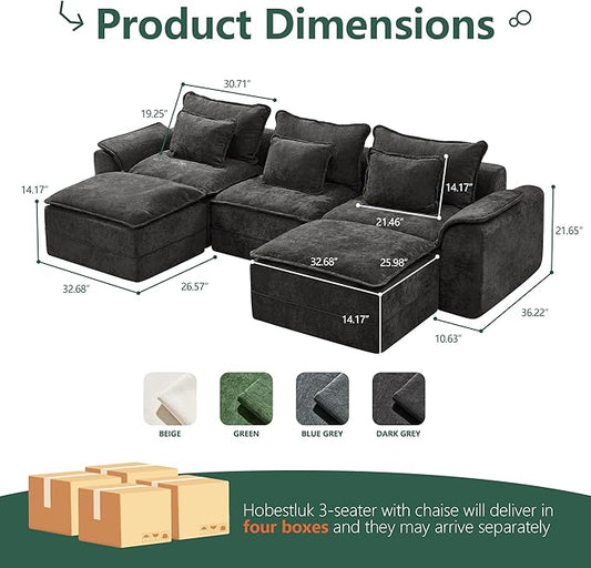 Hobestluk 120" Cloud Modular Sectional Couch 3-Seater Sofa with Ottomans U Shaped Couch Deep Seat Sofa with Removable Cover Large Sofa for Living Room (Dark Grey, 3-Seater Sofa with Two Ottomans)